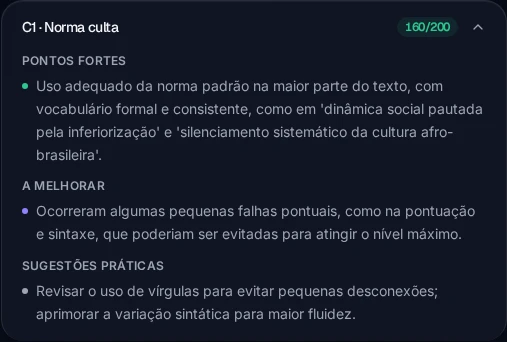Análise real de norma culta com pontos fortes, aspectos a melhorar e sugestões práticas