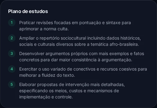 Plano de estudos do relatório de correção salvo no painel do aluno