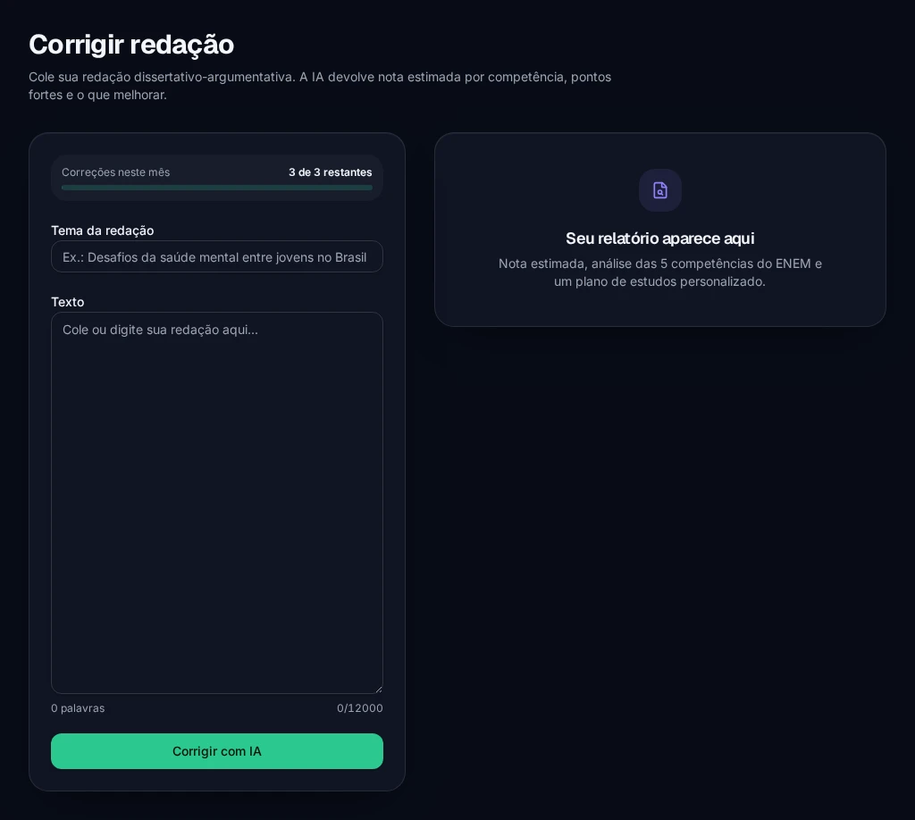 Tela real de envio de redação no painel do aluno Nota Máxima IA