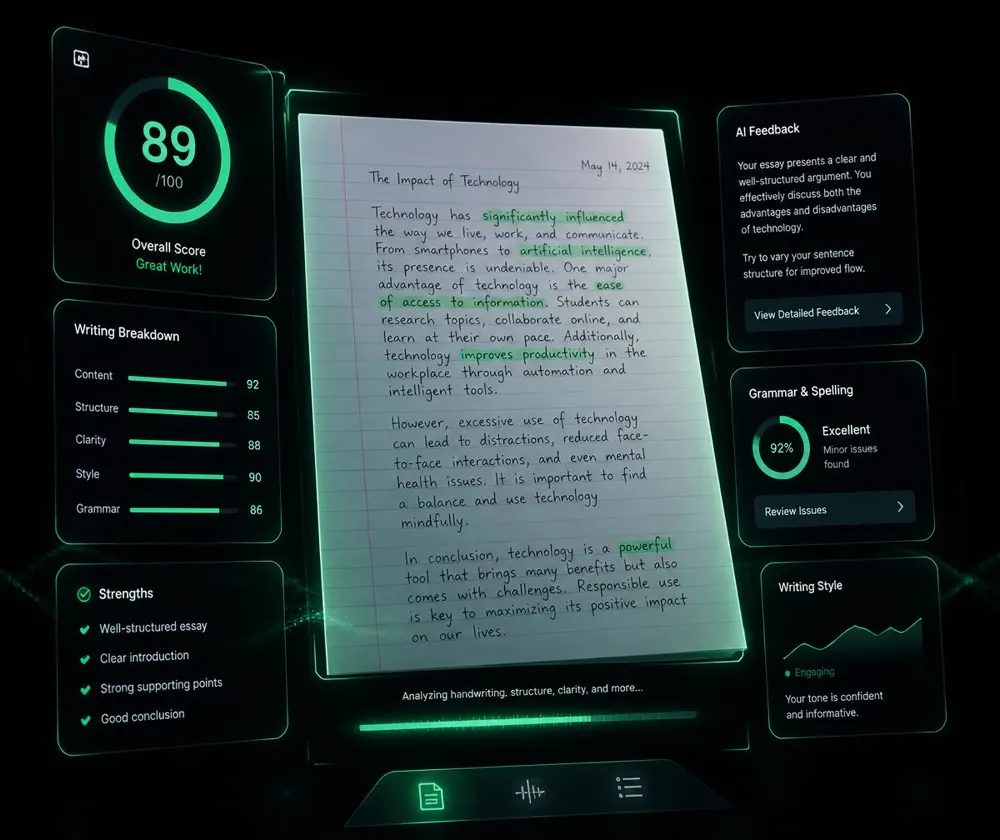 Interface futurista de inteligência artificial analisando uma redação e exibindo notas por competência